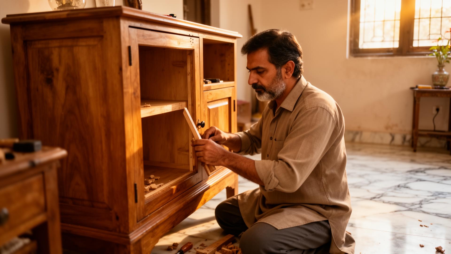 A skilled Pakistani craftsman working with focus on a wooden cabinet in a sunlit Lahore home
